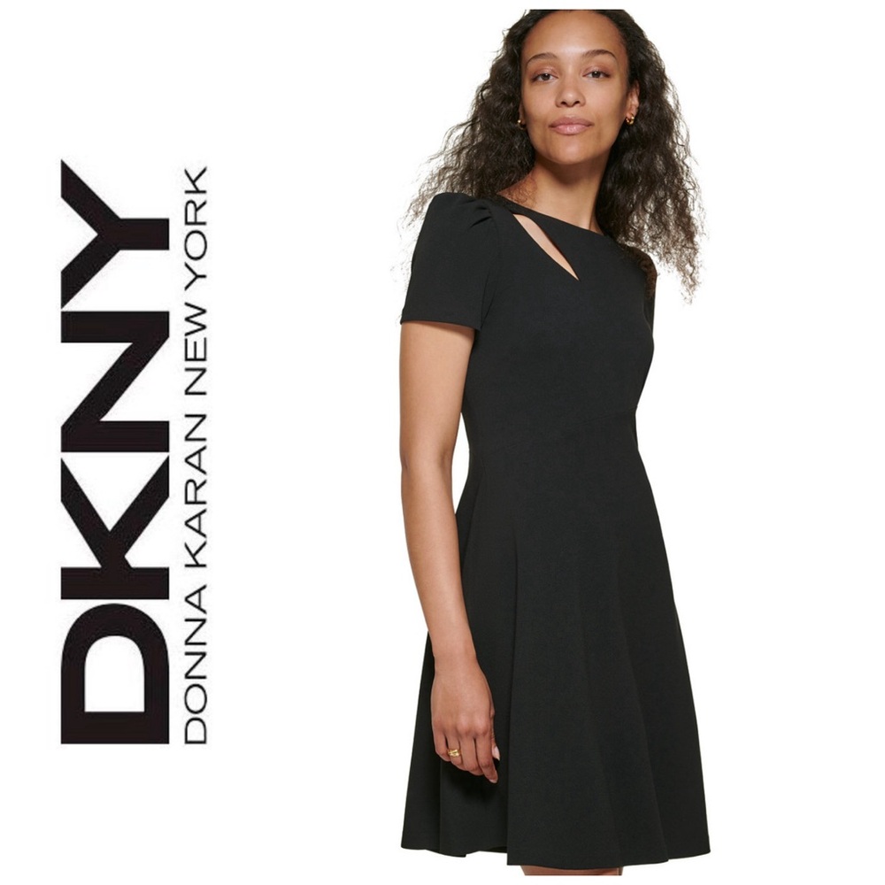 🩷DKNY Black Short-Sleeve Fit & Flare Cutout Dress Size 12